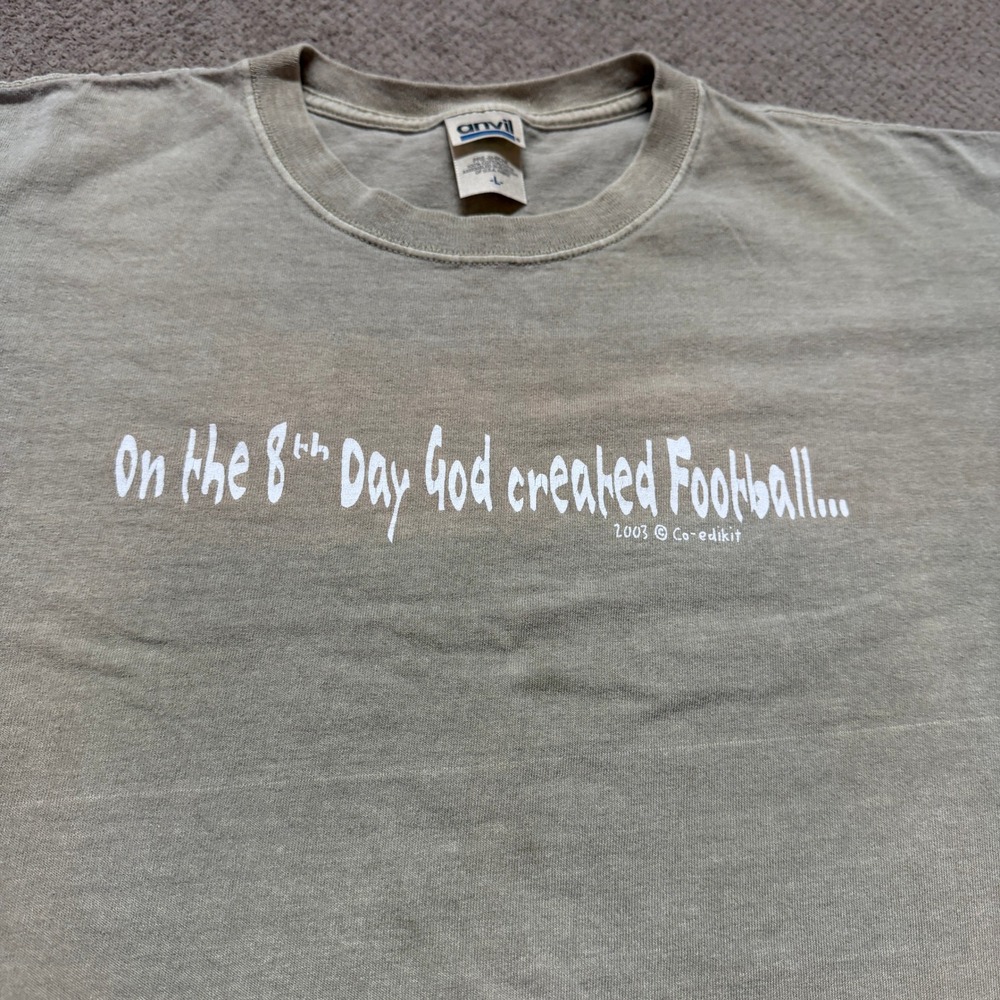 Vintage 2003 Anvil On the 8th Day God Created Football T-Shirt Tan Large 2000s‎